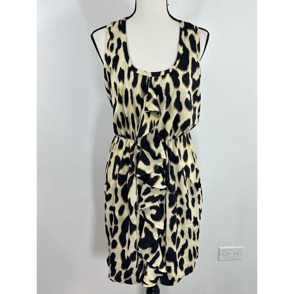 CALVIN KLEIN Silky Leopard Print Dress 10 Elastic Waist Ruffle Front